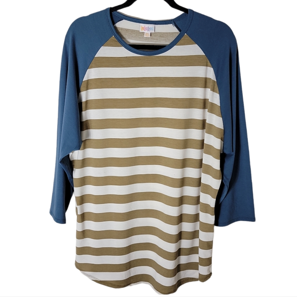 Lularoe Randy women's plus 3XL striped baseball tee blue tan white raglan sleeve